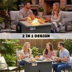 Outsunny 14.5 KW Rattan Gas Fire Pit Dining Table with Rain Cover, Wind Guard, Lid, Lava Rocks, Dark Grey