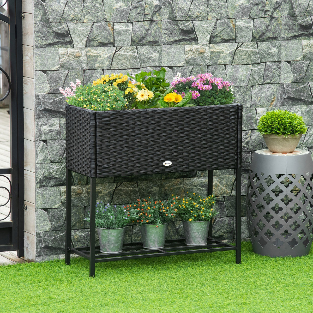 Modern Elevated Metal Garden Bed with Rattan Look & Storage, Black