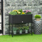 PE Rattan Raised Planter Bed with Tool Storage Shelf for Plants, Flowers, Herbs, Black