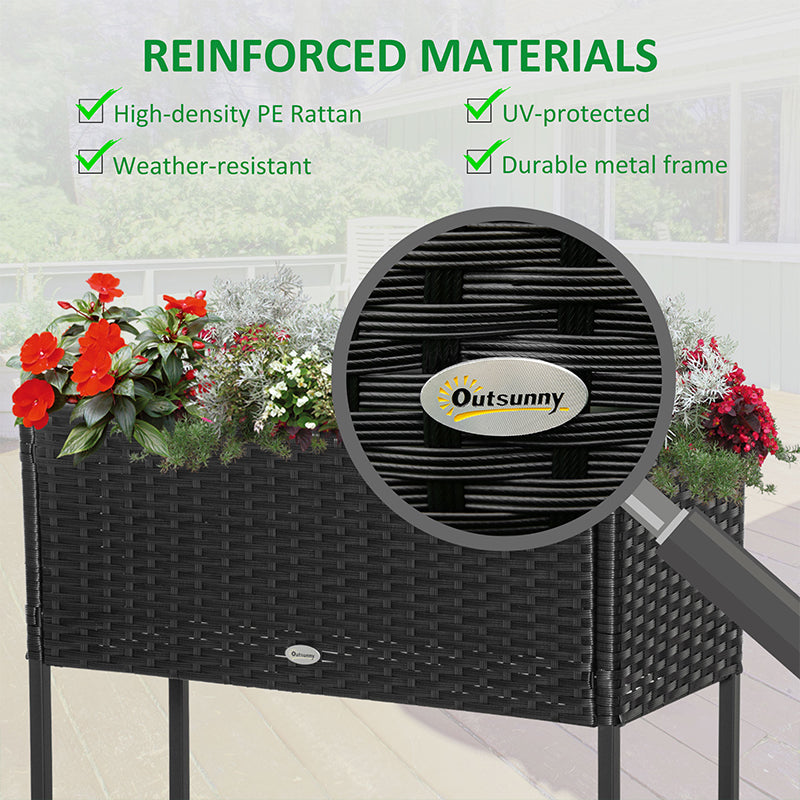 PE Rattan Raised Planter Bed with Tool Storage Shelf for Plants, Flowers, Herbs, Black
