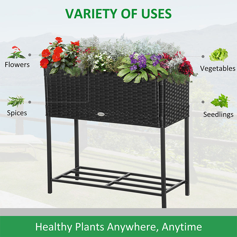 PE Rattan Raised Planter Bed with Tool Storage Shelf for Plants, Flowers, Herbs, Black