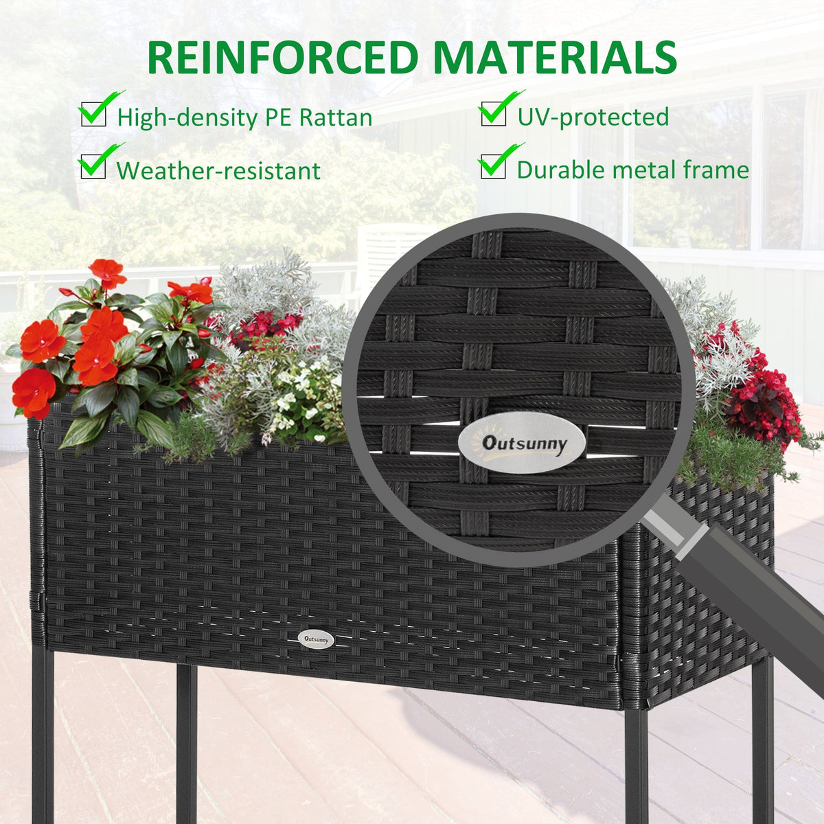 Modern Elevated Metal Garden Bed with Rattan Look & Storage, Black
