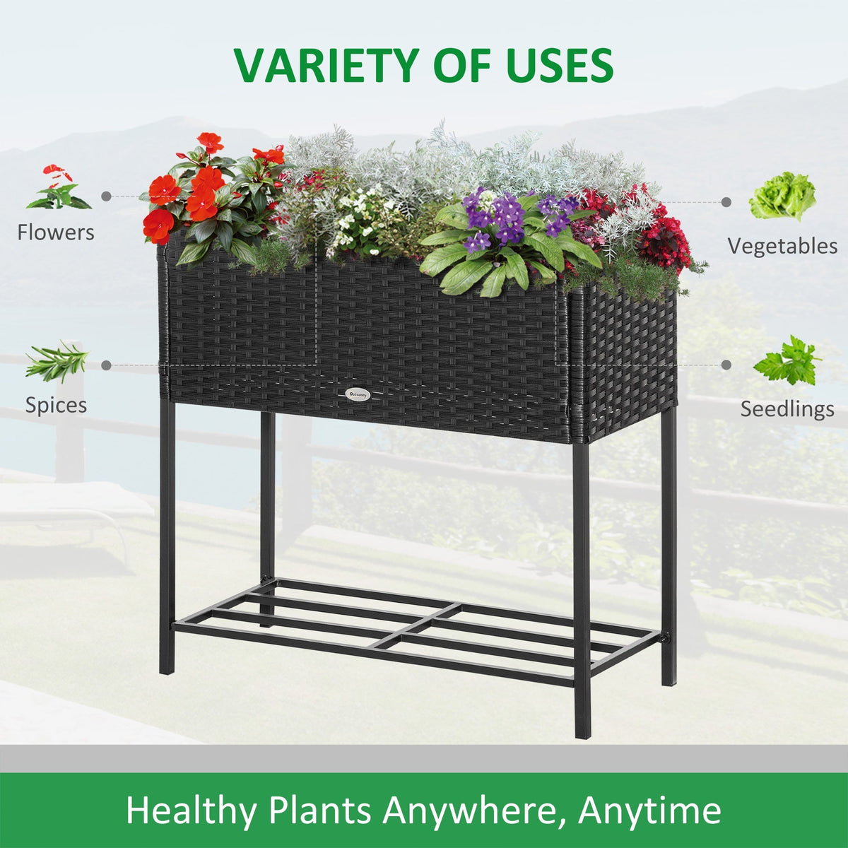 Modern Elevated Metal Garden Bed with Rattan Look & Storage, Black