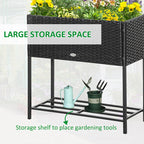 PE Rattan Raised Planter Bed with Tool Storage Shelf for Plants, Flowers, Herbs, Black