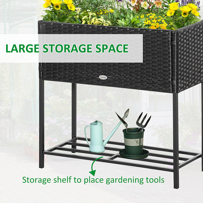 PE Rattan Raised Planter Bed with Tool Storage Shelf for Plants, Flowers, Herbs, Black
