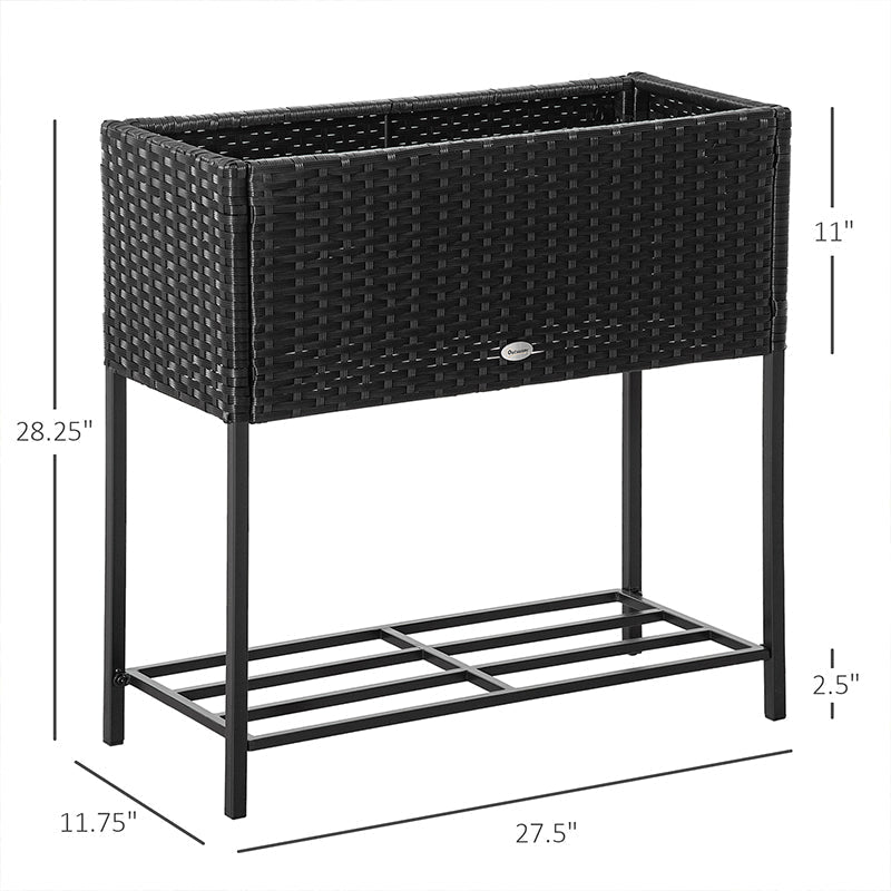 PE Rattan Raised Planter Bed with Tool Storage Shelf for Plants, Flowers, Herbs, Black
