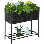 PE Rattan Raised Planter Bed with Tool Storage Shelf for Plants, Flowers, Herbs, Black
