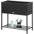 Modern Elevated Metal Garden Bed with Rattan Look & Storage, Black