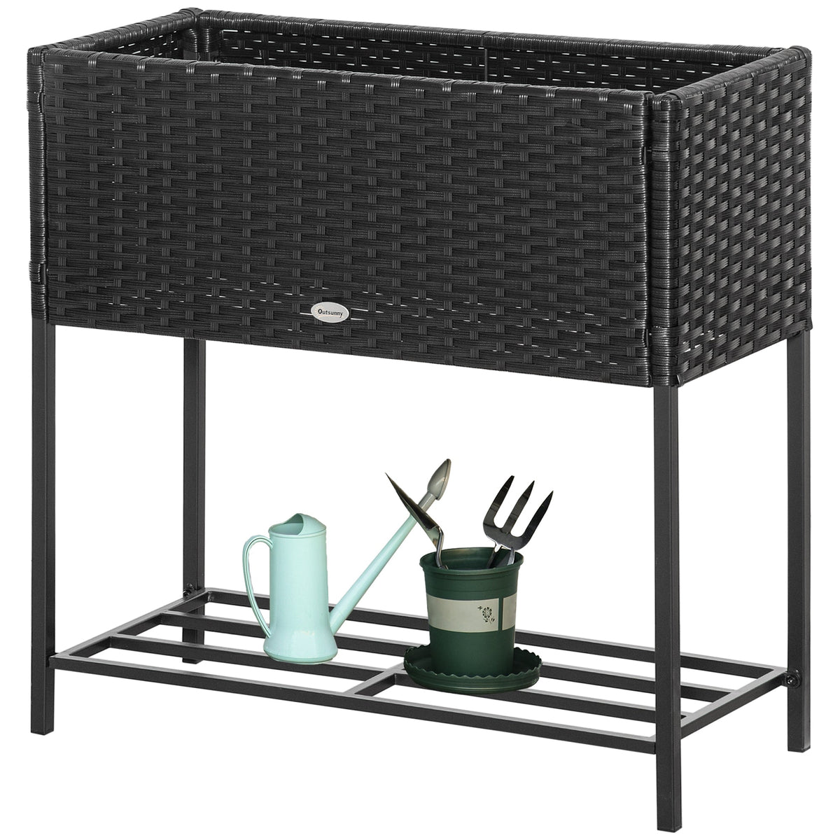 Modern Elevated Metal Garden Bed with Rattan Look & Storage, Black