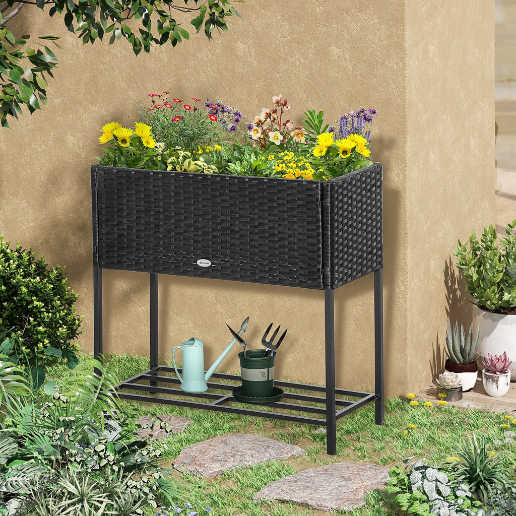 Modern Elevated Metal Garden Bed with Rattan Look & Storage, Black
