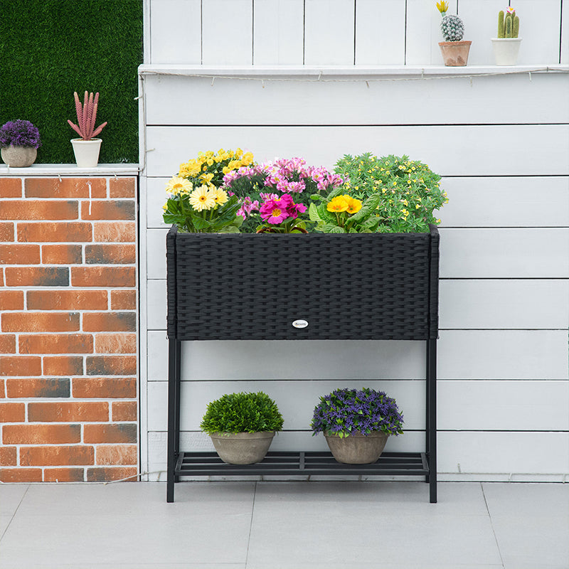 PE Rattan Raised Planter Bed with Tool Storage Shelf for Plants, Flowers, Herbs, Black