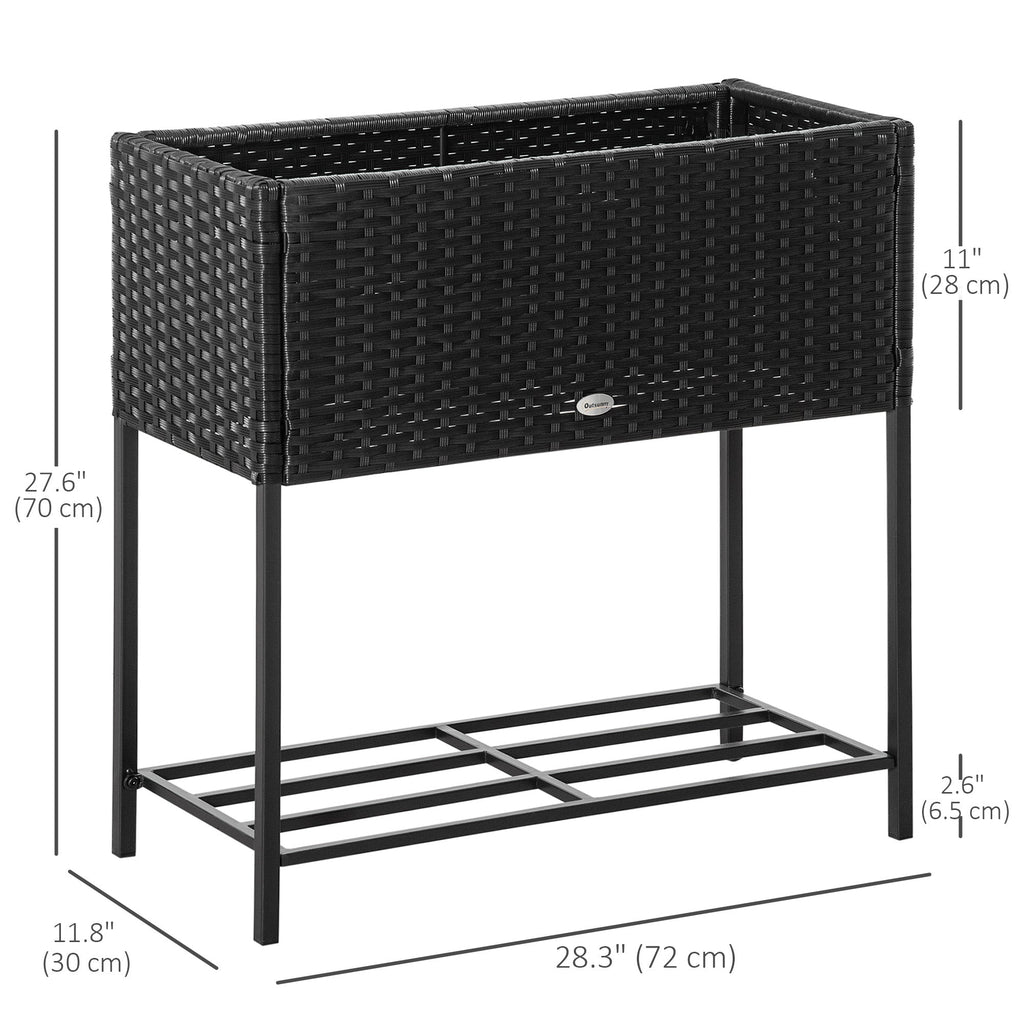 Modern Elevated Metal Garden Bed with Rattan Look & Storage, Black
