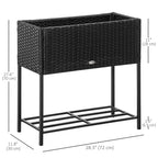 Modern Elevated Metal Garden Bed with Rattan Look & Storage, Black
