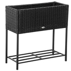 Modern Elevated Metal Garden Bed with Rattan Look & Storage, Black