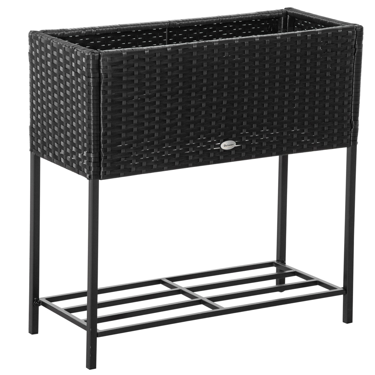 Modern Elevated Metal Garden Bed with Rattan Look & Storage, Black