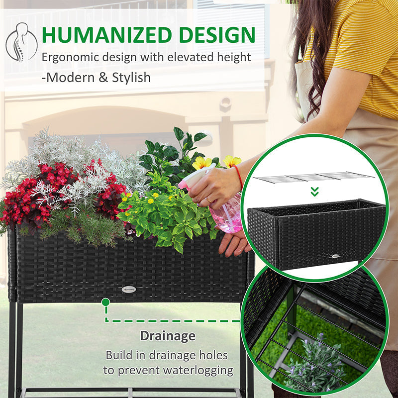 PE Rattan Raised Planter Bed with Tool Storage Shelf for Plants, Flowers, Herbs, Black