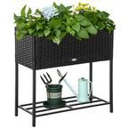 Modern Elevated Metal Garden Bed with Rattan Look & Storage, Black