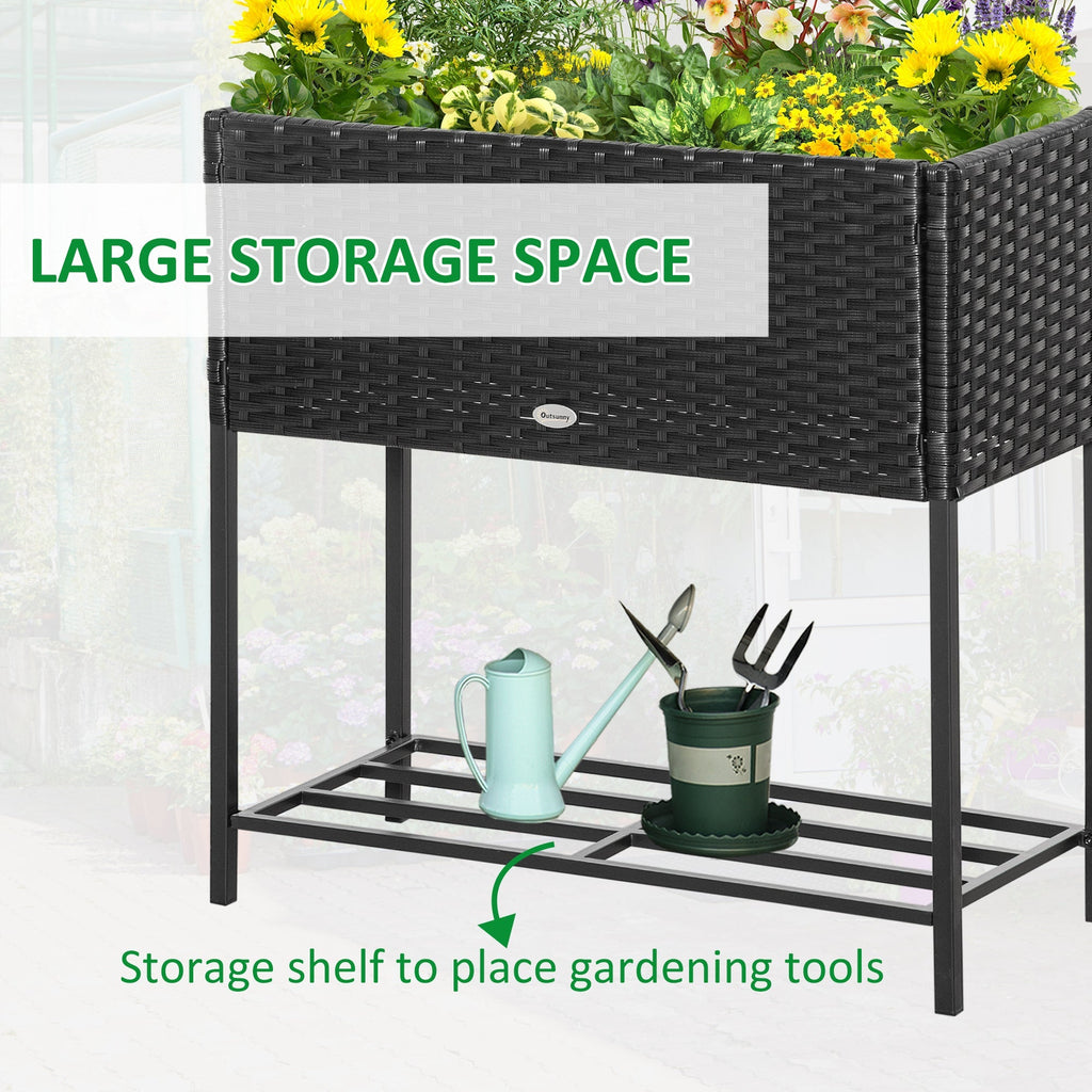 Modern Elevated Metal Garden Bed with Rattan Look & Storage, Black