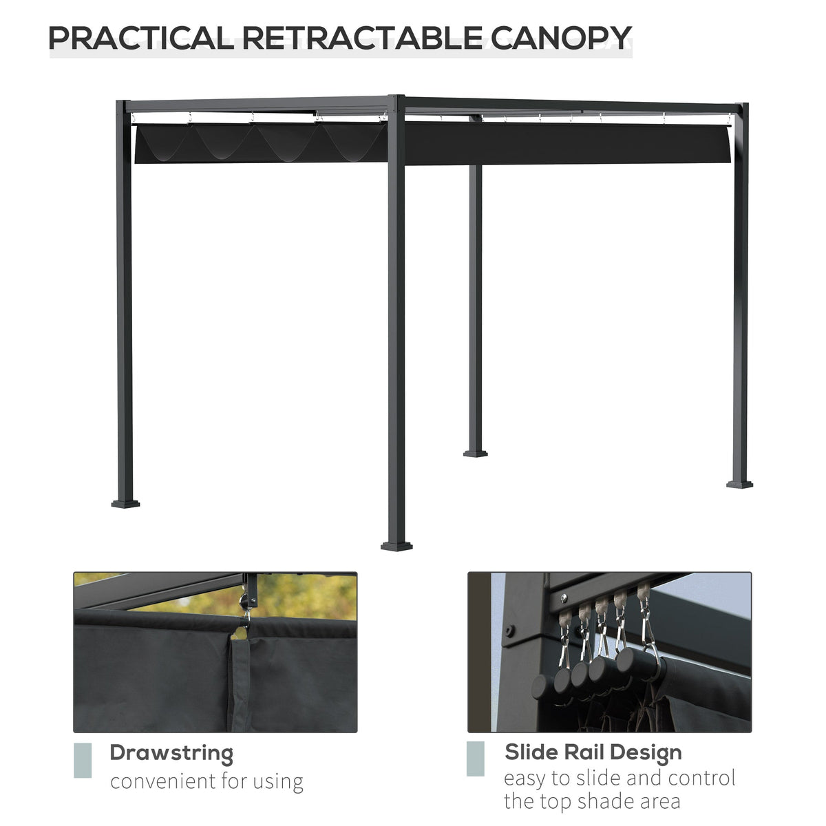 10' x 7' Retractable Pergola Canopy, Outdoor Sun Shade, Black