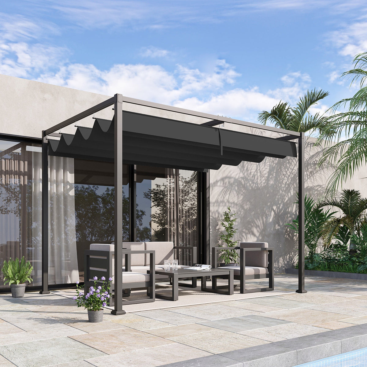 10' x 7' Retractable Pergola Canopy, Outdoor Sun Shade, Black