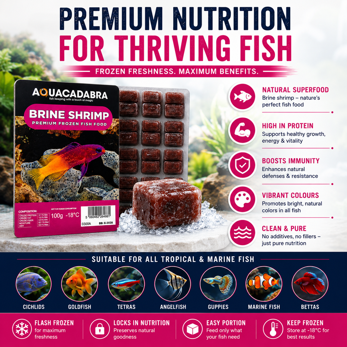 Aquacadabra Frozen Brine Shrimp 100g Fish Food Tropical Marine 5-40 Packs