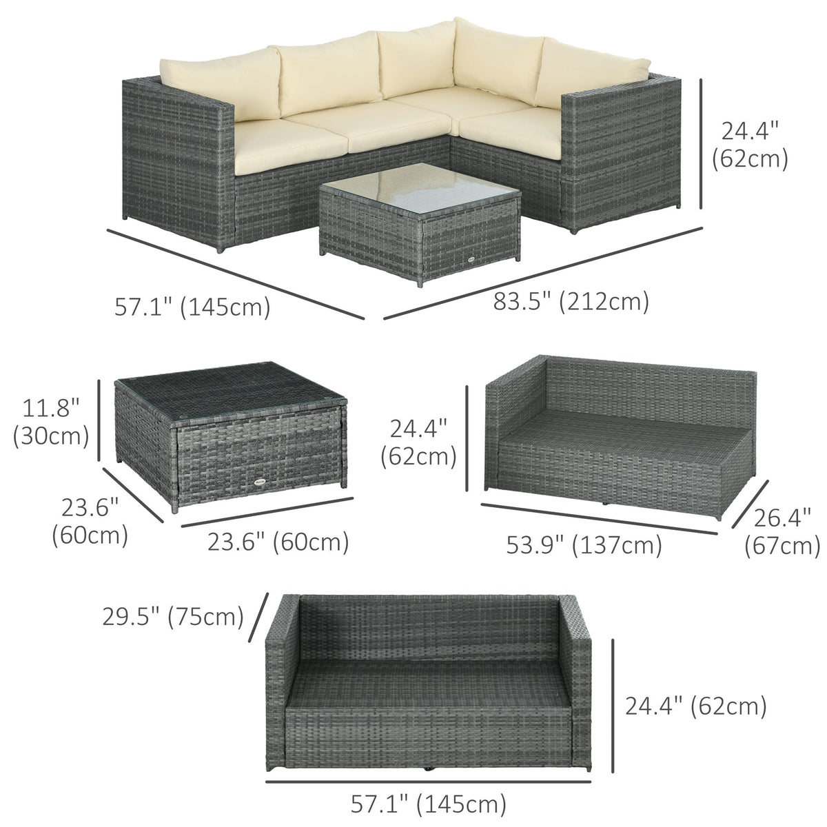 3-Piece Rattan Wicker Conversation Set with Two Loveseats and Coffee Table, Beige