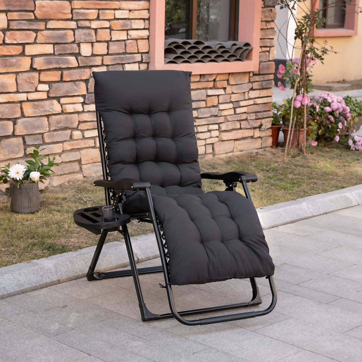 Padded Folding Recliner Chair with Cupholder, Adjustable Backrest & Cushion, Black