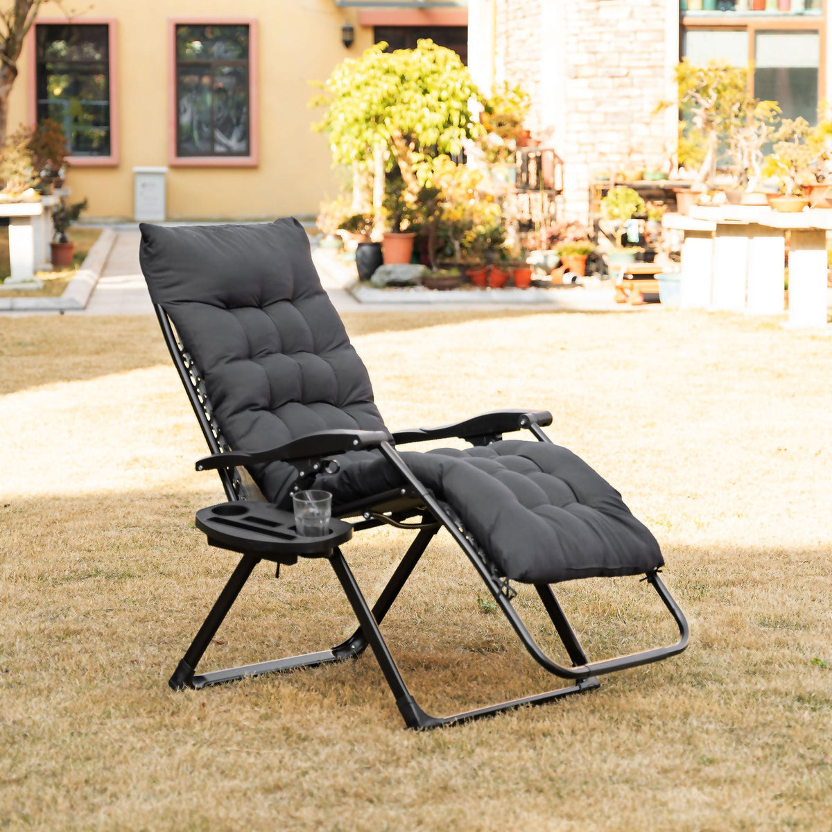 Padded Folding Recliner Chair with Cupholder, Adjustable Backrest & Cushion, Black