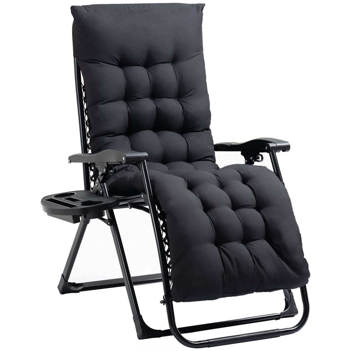 Padded Folding Recliner Chair with Cupholder, Adjustable Backrest & Cushion, Black