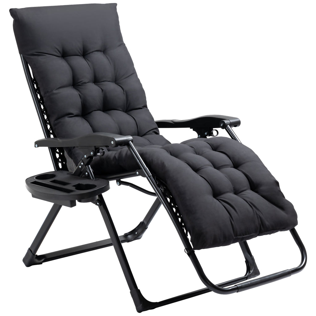 Padded Folding Recliner Chair with Cupholder, Adjustable Backrest & Cushion, Black