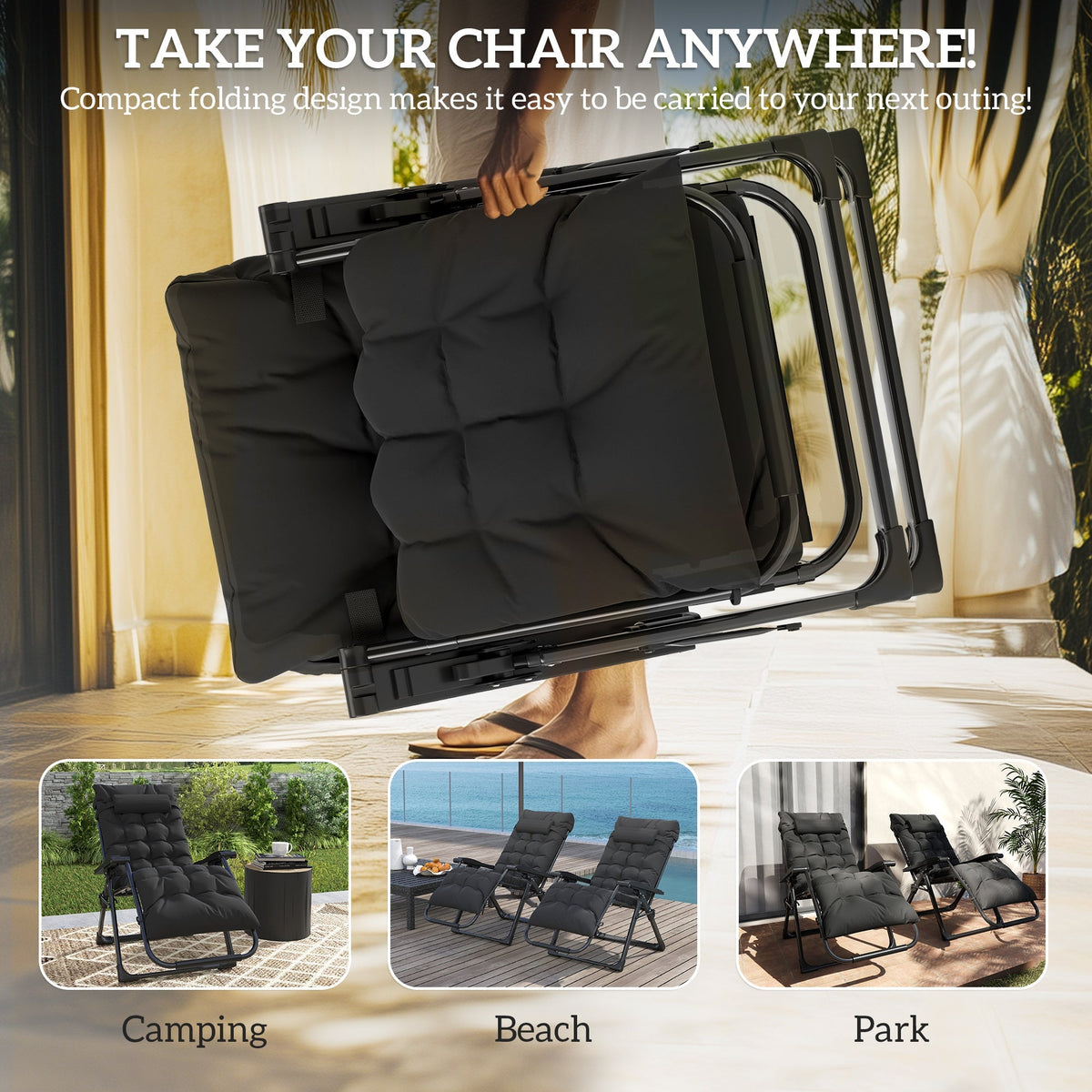 Reclining Zero Gravity Chair Set of 2, Folding Garden Chairs Set w/ Cushion, Black
