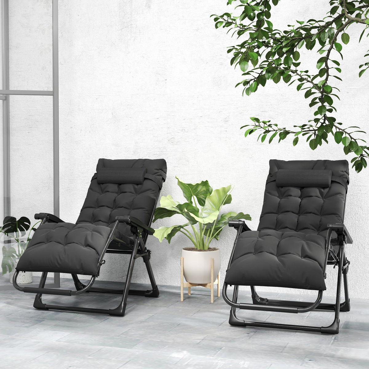 Reclining Zero Gravity Chair Set of 2, Folding Garden Chairs Set w/ Cushion, Black