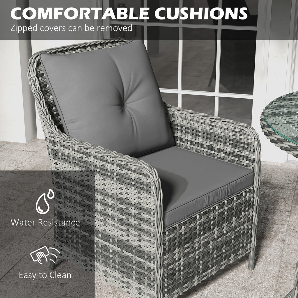 4 Seater Rattan Dining Set w/ Parasol, Seat & Back Cushions, Round Glass Tabletop, Mixed Grey