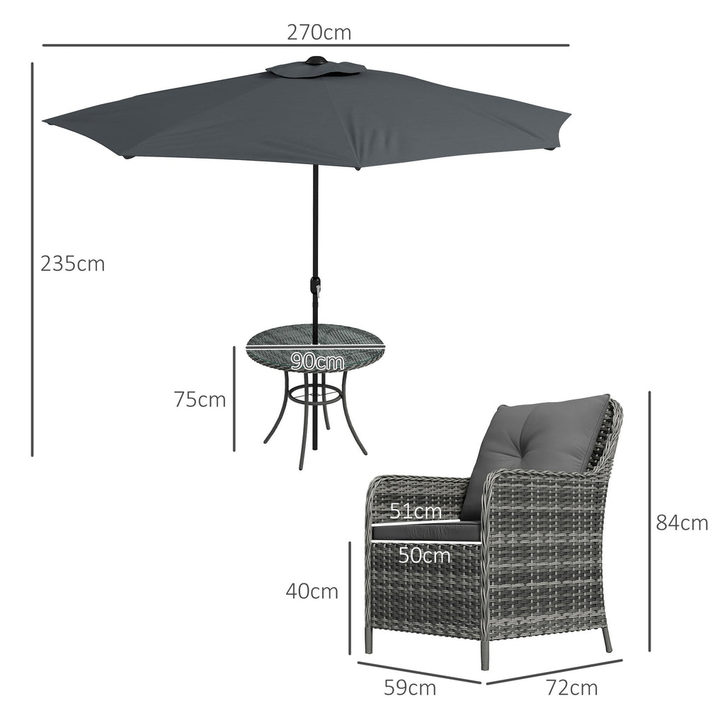 4 Seater Rattan Dining Set w/ Parasol, Seat & Back Cushions, Round Glass Tabletop, Mixed Grey