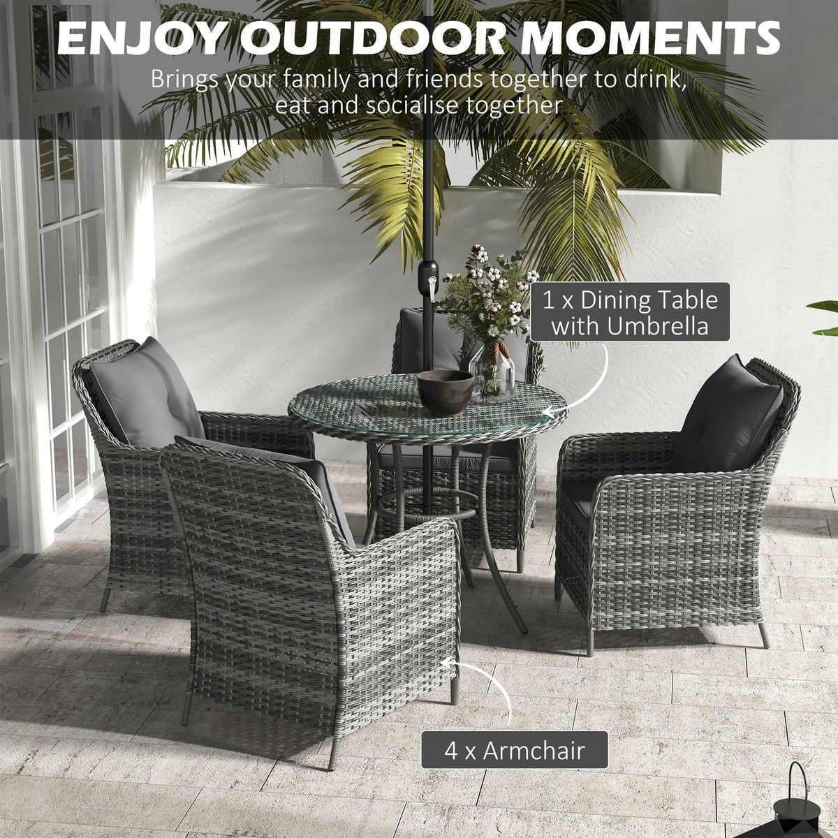 4 Seater Rattan Dining Set w/ Parasol, Seat & Back Cushions, Round Glass Tabletop, Mixed Grey