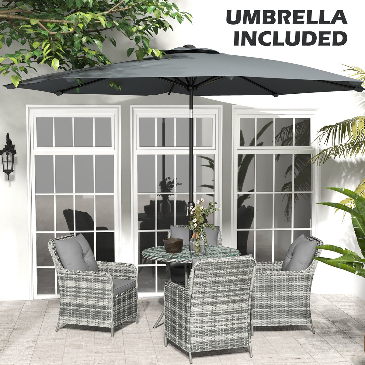 4 Seater Rattan Dining Set w/ Parasol, Seat & Back Cushions, Round Glass Tabletop, Mixed Grey