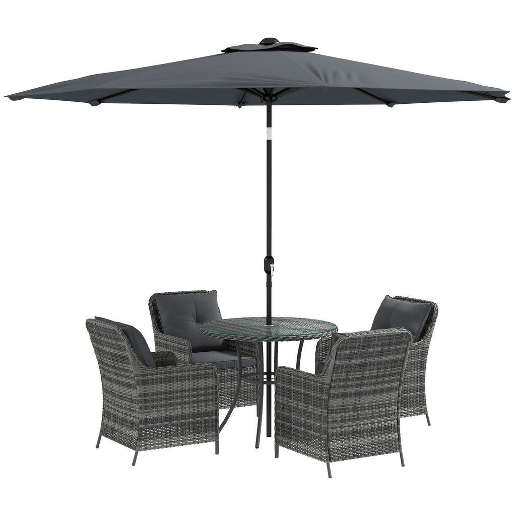 4 Seater Rattan Dining Set w/ Parasol, Seat & Back Cushions, Round Glass Tabletop, Mixed Grey