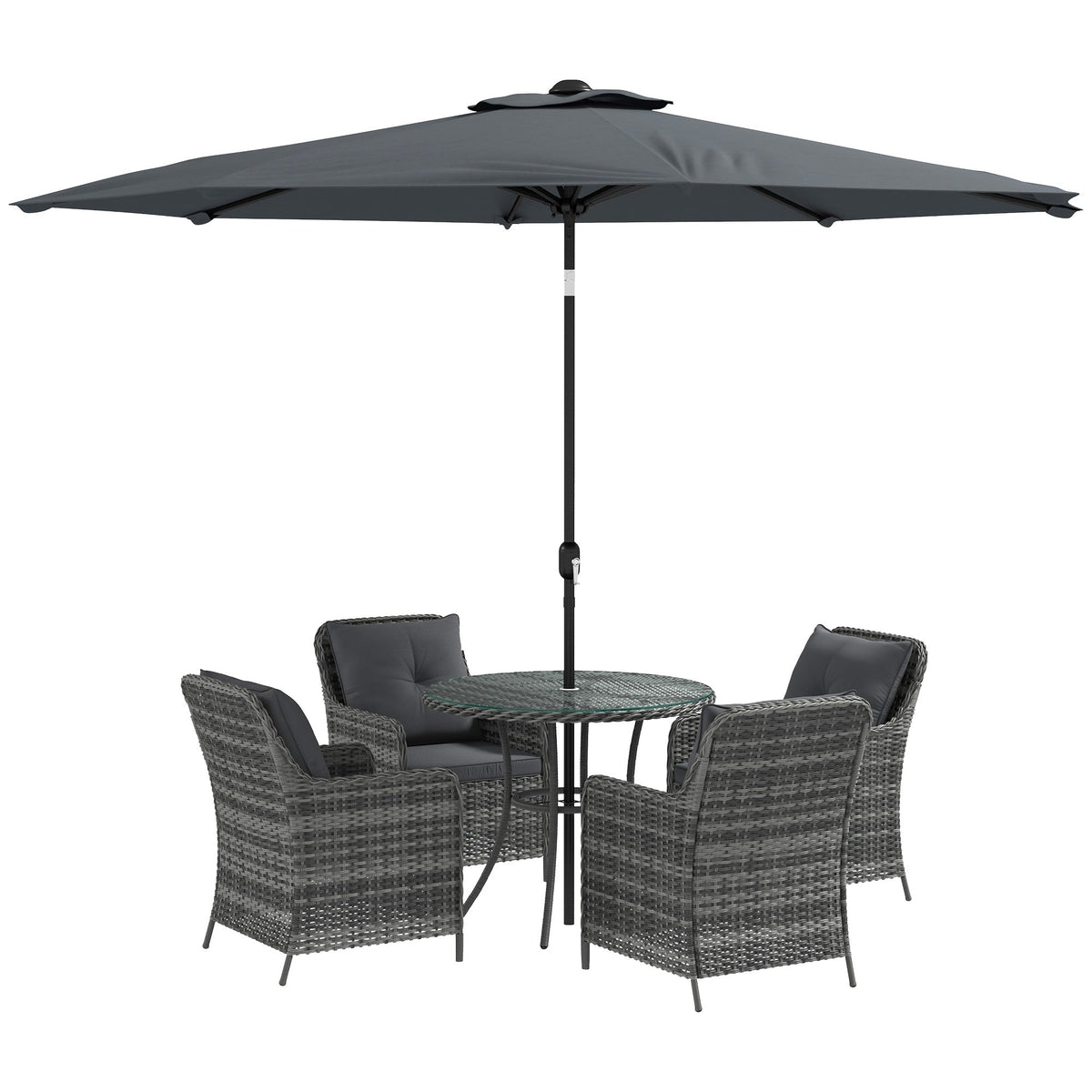 4 Seater Rattan Dining Set w/ Parasol, Seat & Back Cushions, Round Glass Tabletop, Mixed Grey