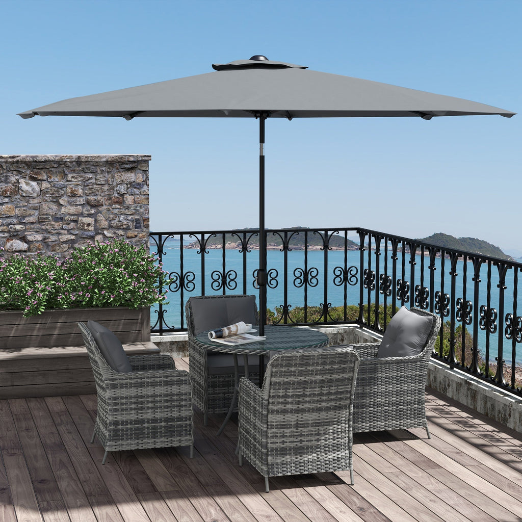 4 Seater Rattan Dining Set w/ Parasol, Seat & Back Cushions, Round Glass Tabletop, Mixed Grey