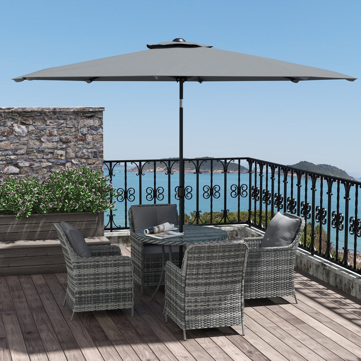 4 Seater Rattan Dining Set w/ Parasol, Seat & Back Cushions, Round Glass Tabletop, Mixed Grey