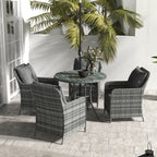 4 Seater Rattan Dining Set w/ Parasol, Seat & Back Cushions, Round Glass Tabletop, Mixed Grey