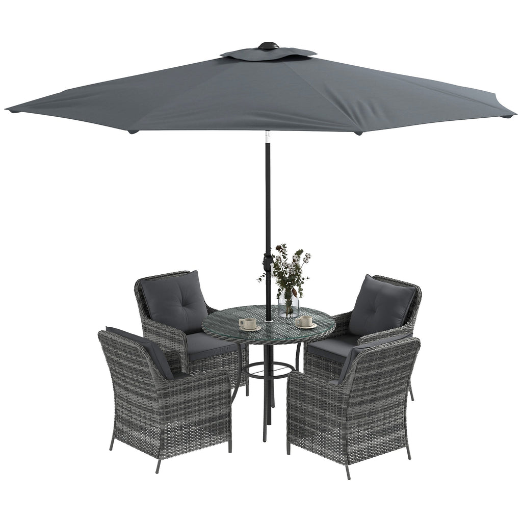 4 Seater Rattan Dining Set w/ Parasol, Seat & Back Cushions, Round Glass Tabletop, Mixed Grey