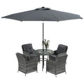 4 Seater Rattan Dining Set w/ Parasol, Seat & Back Cushions, Round Glass Tabletop, Mixed Grey