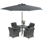 4 Seater Rattan Dining Set w/ Parasol, Seat & Back Cushions, Round Glass Tabletop, Mixed Grey