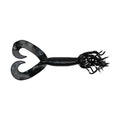 Yamamoto Double Tail Hula Grub fishing lure in black with blue flakes, featuring dual curled tails and flexible tentacle-like appendages for realistic underwater movement.