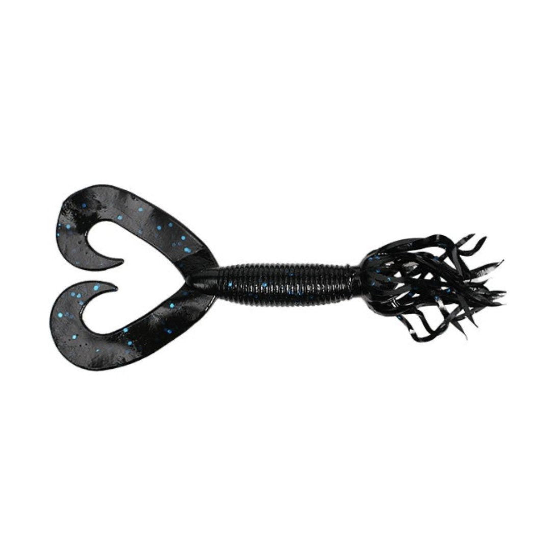 Yamamoto Double Tail Hula Grub fishing lure in black with blue flakes, featuring dual curled tails and flexible tentacle-like appendages for realistic underwater movement.