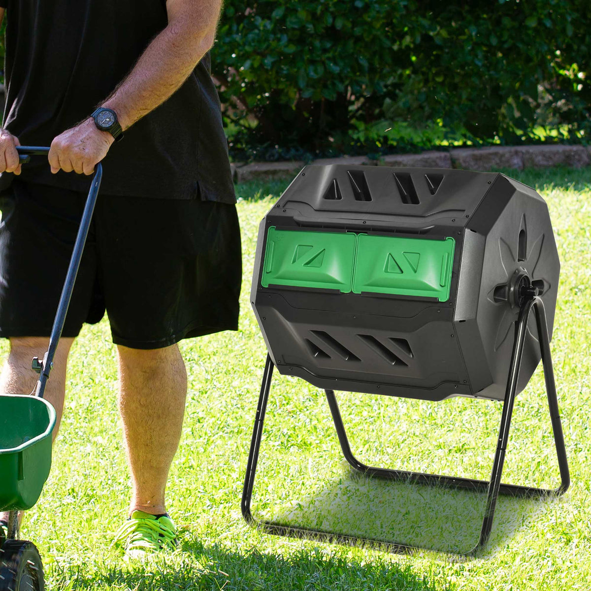 160L Tumbling Compost Bin Outdoor Dual Chamber 360¡ã Rotating Composter, Garden Compost Bin w/ Sliding Doors & Solid Steel Frame, Black