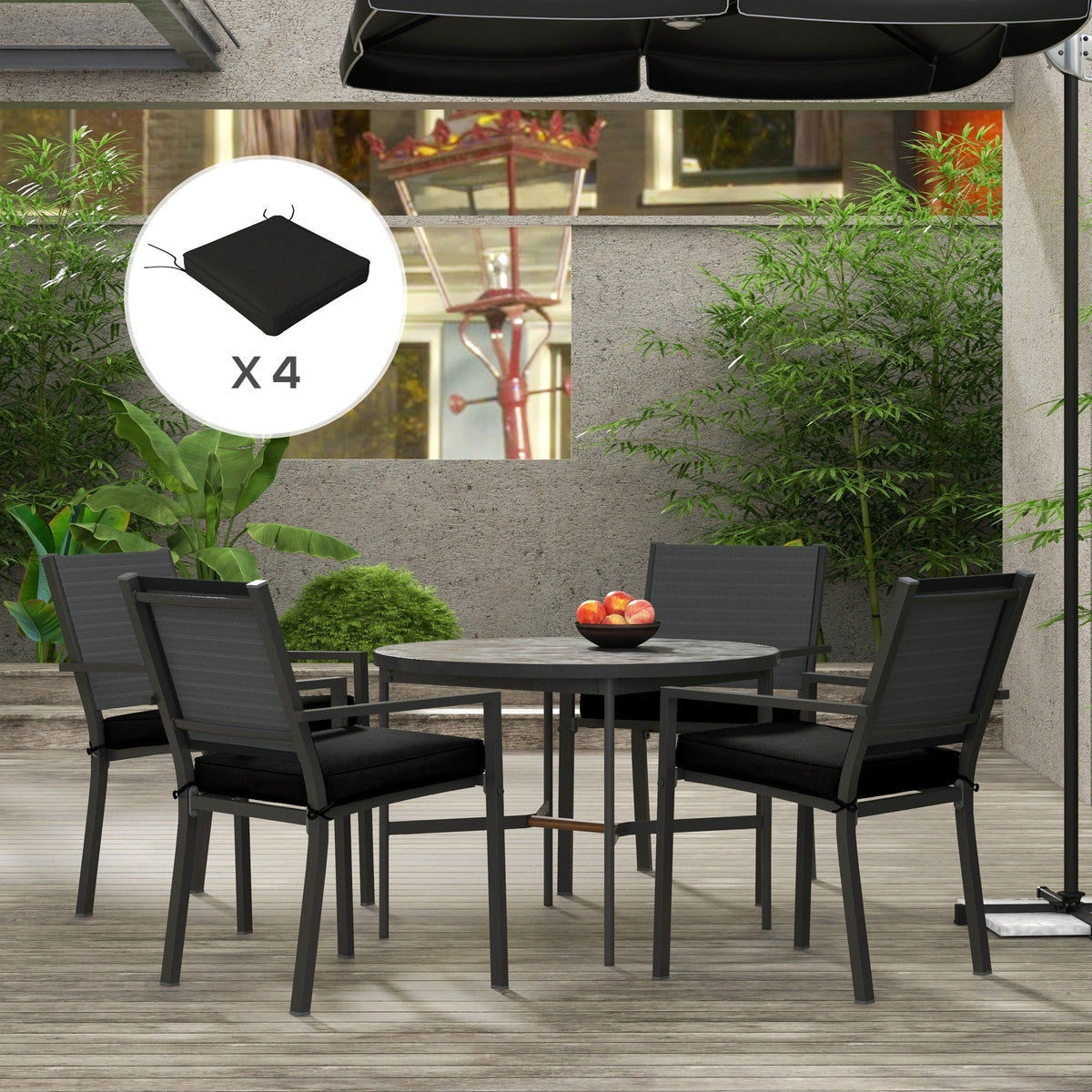 4 Piece Outdoor Seat Cushions with Ties, Water Repellent Chairs Seat Pads, Black