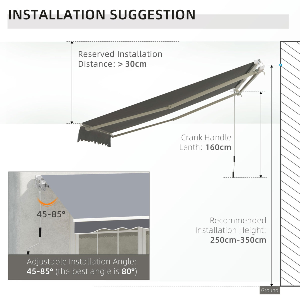 2.5 x 2m Manual Retractable Awning Canopy with Winding Handle for Garden, Patio, Grey