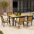 6 Seater Garden Dining Set with Stackable Chairs, Aluminium Frame, Rectangular Plastic Top, Garden Furniture Set, Outdoor Dining Table and Chairs for Patio, Balcony, Poolside, Nature Wood